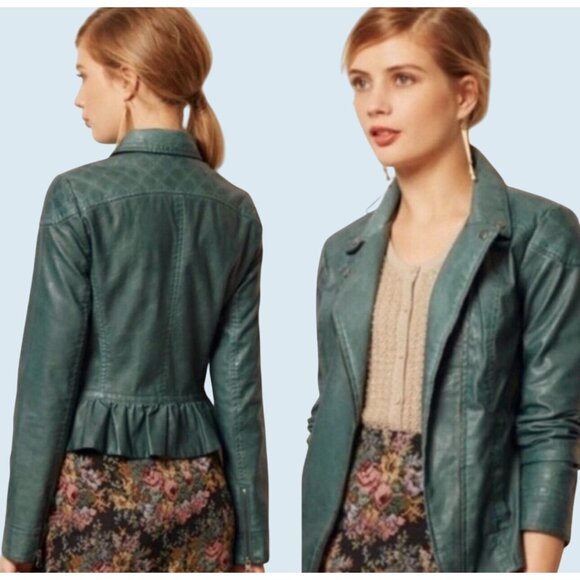 ANTHROPOLOGIE / Cartonnier Green Faux Leather Jacket Size 10 - Picture 1 of 8